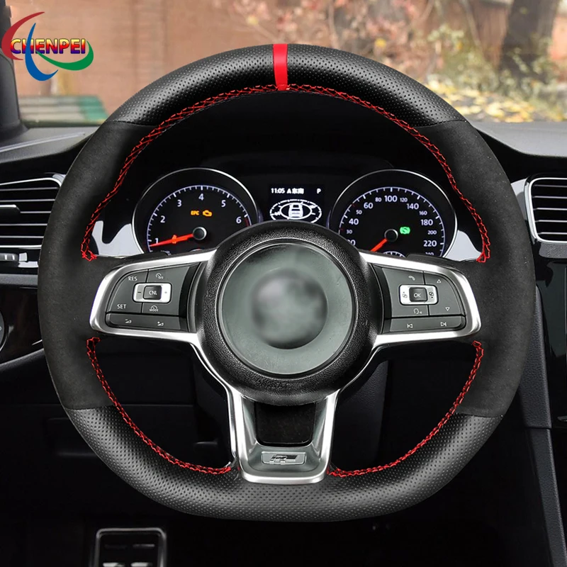 

DIY Anti-Slip PU Carbon Fiber Black Leather Steering Wheel Cover For Volkswagen VW Golf 7 GTI Polo GTI Tiguan Allspace (R-Line)