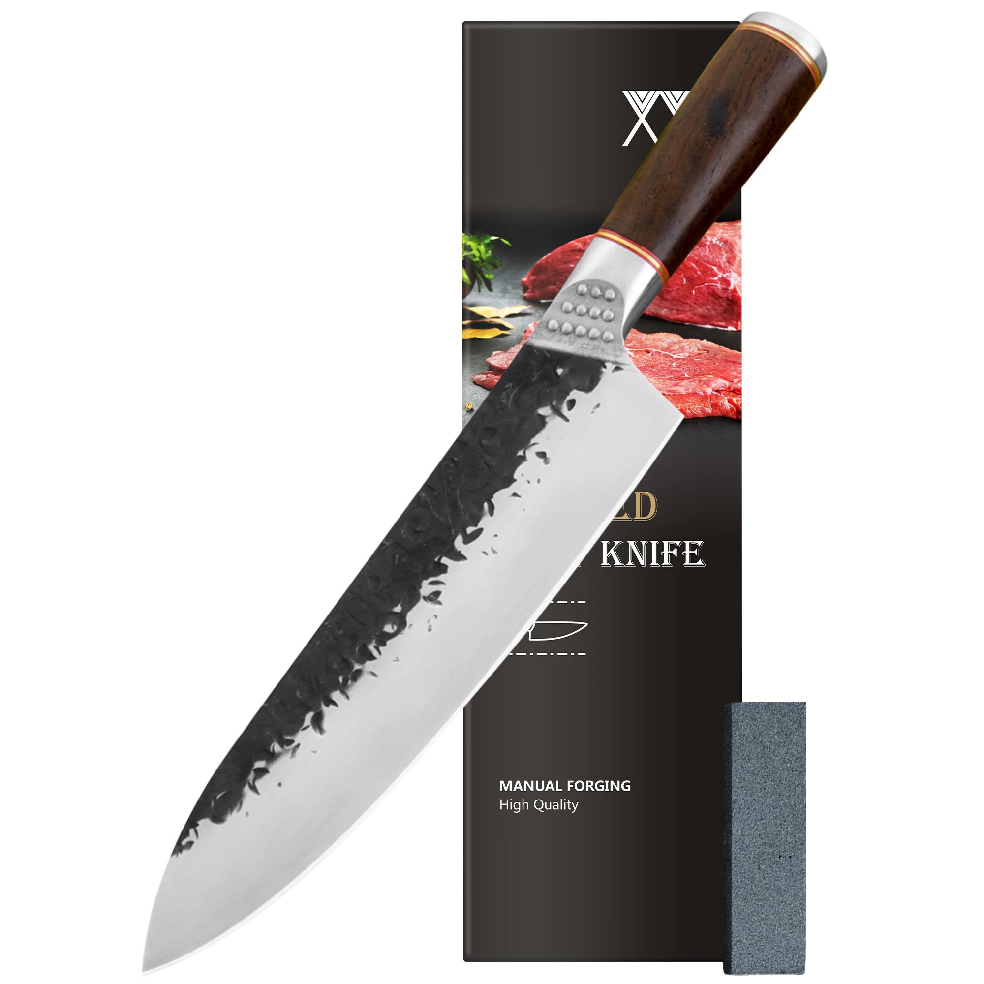 

XYJ 8 Inch High Carbon Steel Chef Knife With Whetstone Hand Forged Meat Cooking Knives Hammer Blade With Durable Wood Handle