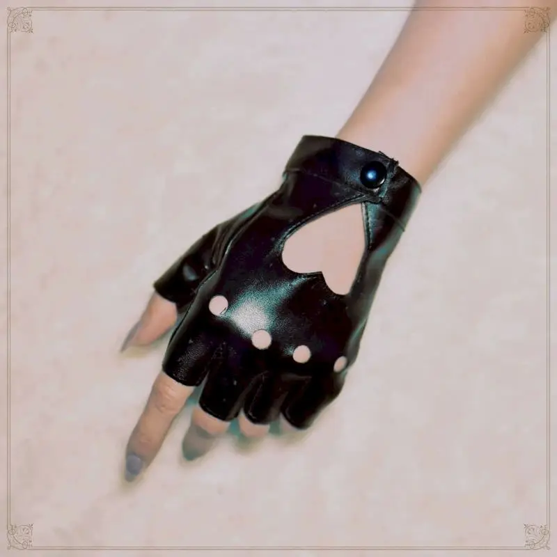 

Goth Faux Leather Gloves Gothic Lolita Harajuku Dark Punk Girl Jk Riding Rock Hollow Leather Gloves Half Finger Unisex Adult