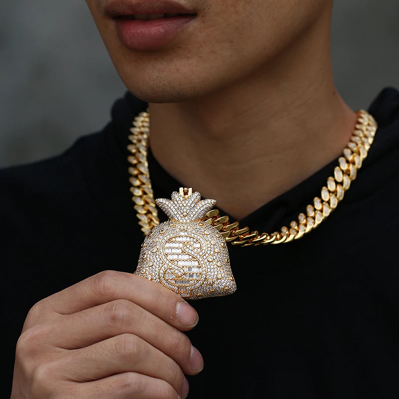 

Hip Hop Big Money Bag Pendant Necklace Iced Out Bling Cubic Zircon Men's Rapper Jewelry Top Quality Fashion Jewelry