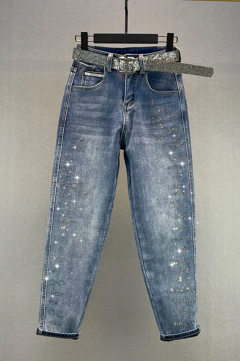 

Fleece Thick Warm Jeans Women's Pants 2020 New Winter High Waist Loose Rhinestones Harem Pants Blus Jean Student Casual Jeans