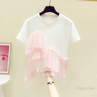 sweet pink ruffles stitching round neck short sleeve t shirt female 2021 summer new casual all matching tops white tees