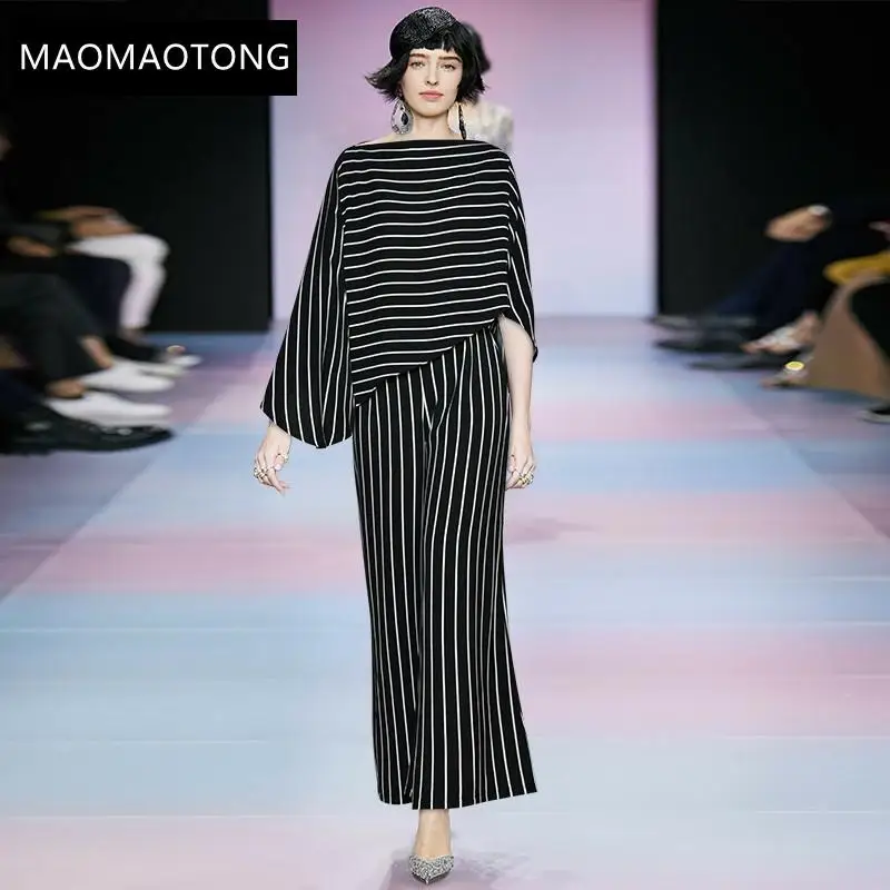 

Fashion Designer Suit Spring Summer Women Batwing Sleeve Stripe Loose Asymmetrical Tops+ Wide Leg Pants Two-piece Set