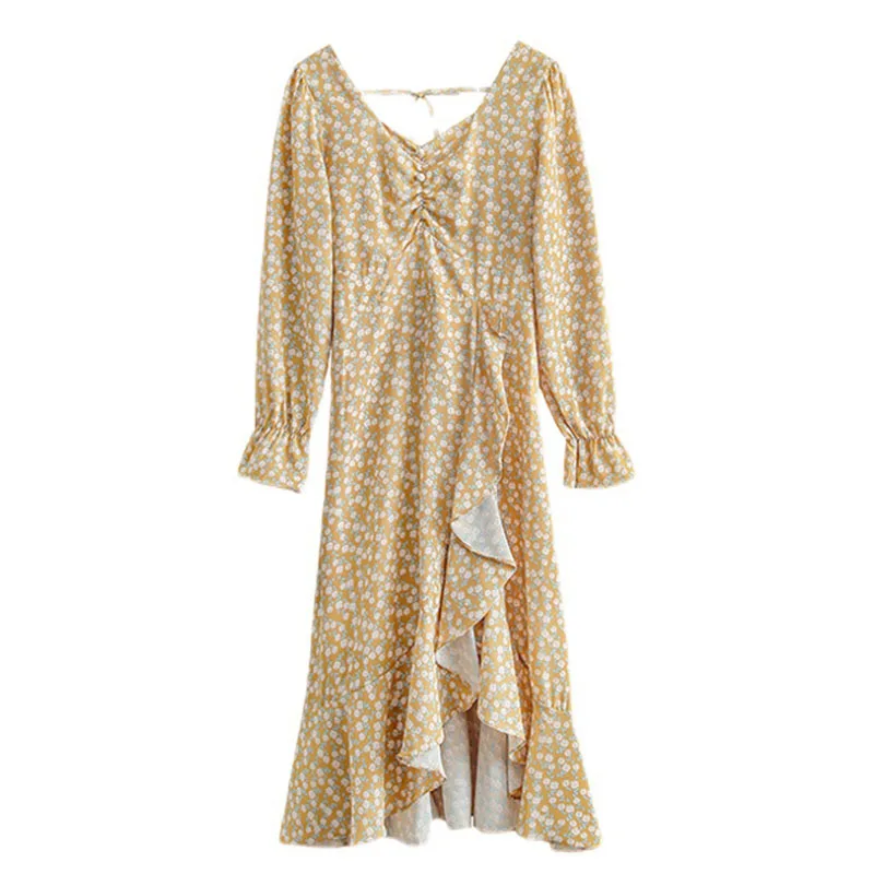 

Элегантное французское милое Цветочное платье, женское сказочное дизайнерское винтажное платье миди с длинным рукавом, Бандажное цельное ...