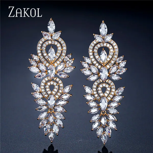 Gold Color ZAKOL, винтажные Свадебные украшения в виде листьев, аксессуары, кубический цирконий, большие длинные роскошные свадебные Висячие серьги для женщин, FSEP2181 - Окраска металла: Gold Color