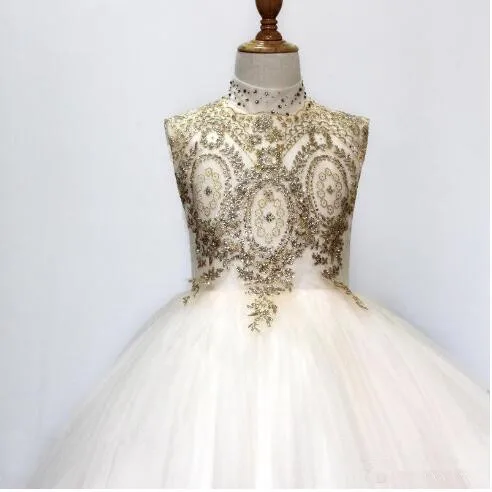 2020 Золотое кружевное бальное платье с аппликацией платья для девочек цветами