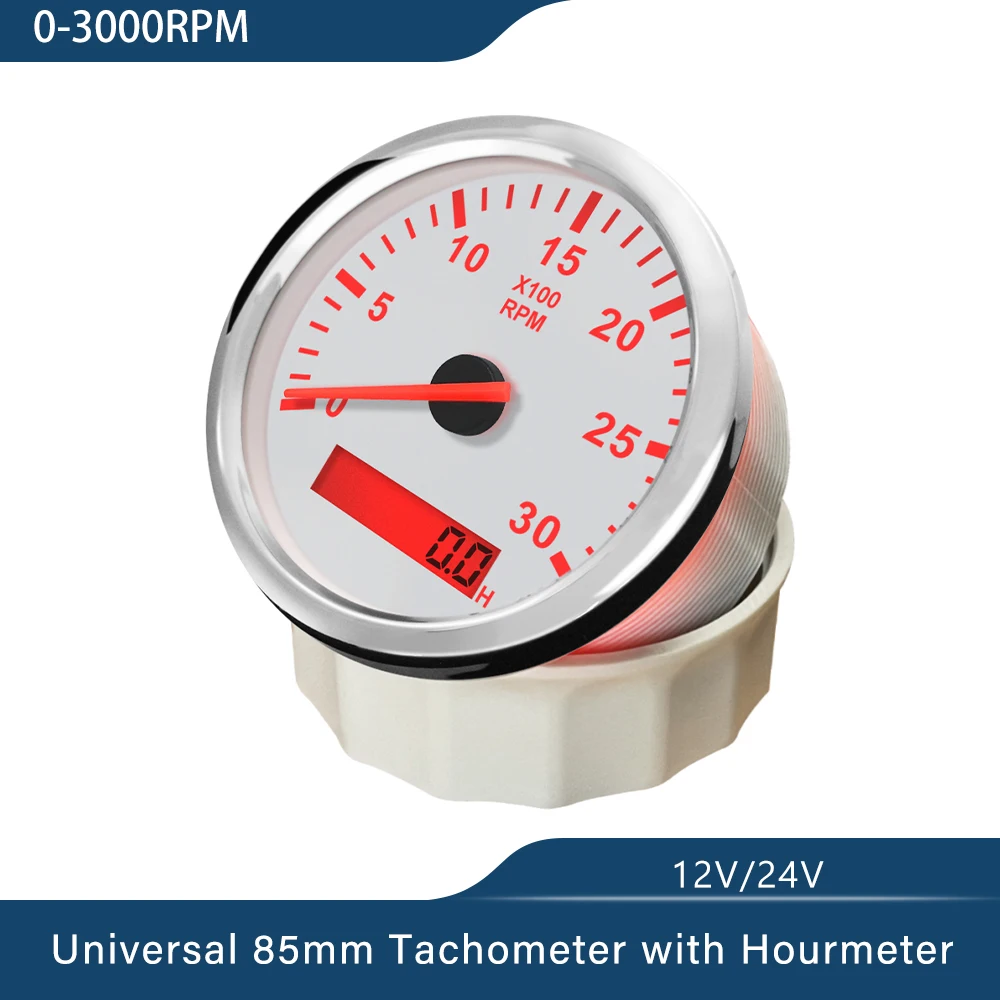 3-8K RPM مقياس سرعة الدوران تاش الاستشعار REV عداد مع ساعة متر 85 مللي متر يعمل بالديزل والجازولين 12 فولت 24 فولت الأحمر الخلفية مقاوم للماء