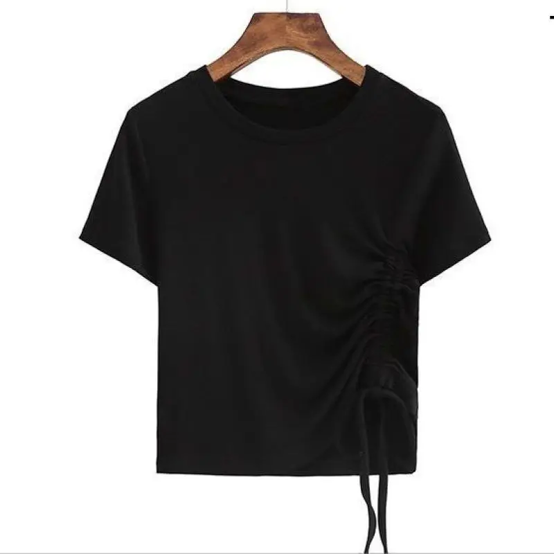 

Summer Short-sleeved T-shirt For Women Korean Pure Cotton Slim Round Neck T-shirts Pull Rope Up & Down Sense Design Top Clothes