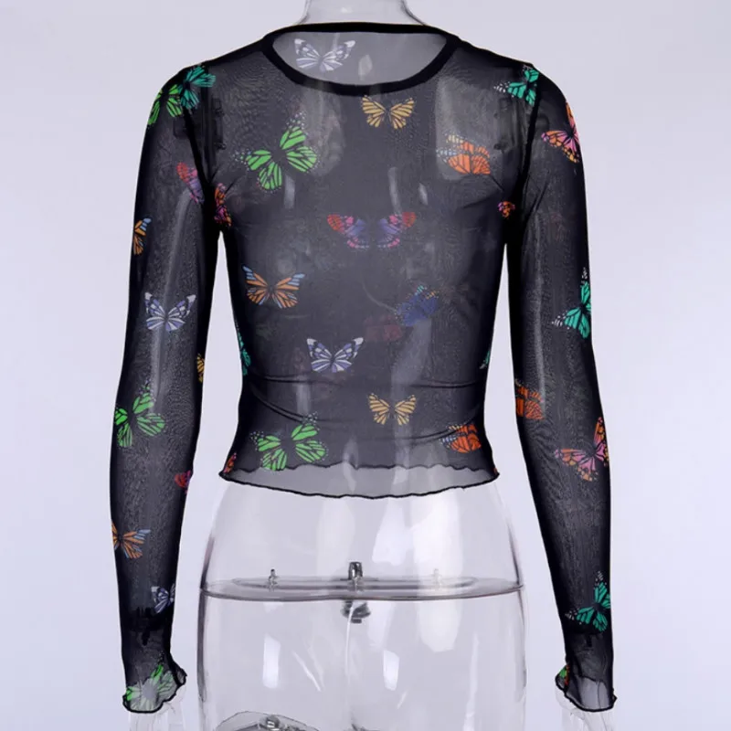 2021 Модные Женские Прозрачные Пляжные Клубные Топы с длинным рукавом футболки