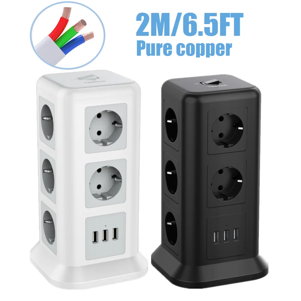 

TESSAN Power Strip Tower with 2M/6.5FT Extension Cable Socket with 3 USB Ports and 11 Outlets EU Adapter for Phones Computers