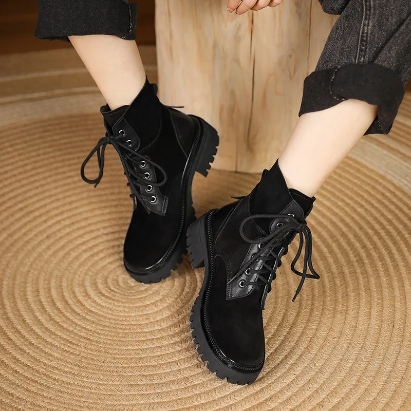 Harga Asumer 2022 Sepatu Bot Hak Tebal Untuk Wanita Sepatu Kulit Suede Hitam Berenda Sepatu Bot Musim Gugur Musim Dingin Perempuan