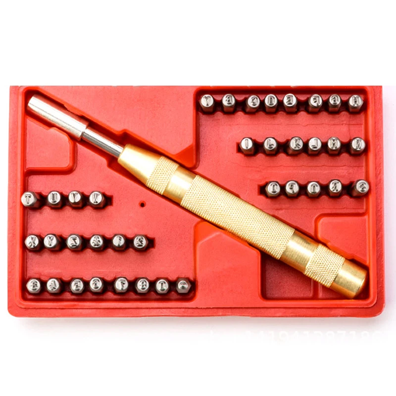 

Semi-automatic Steel Code Hand-stamped 38Pcs Number Letter Punch for Plastics Leather 8 Numbers 26 capital alphabet 1 period 1&