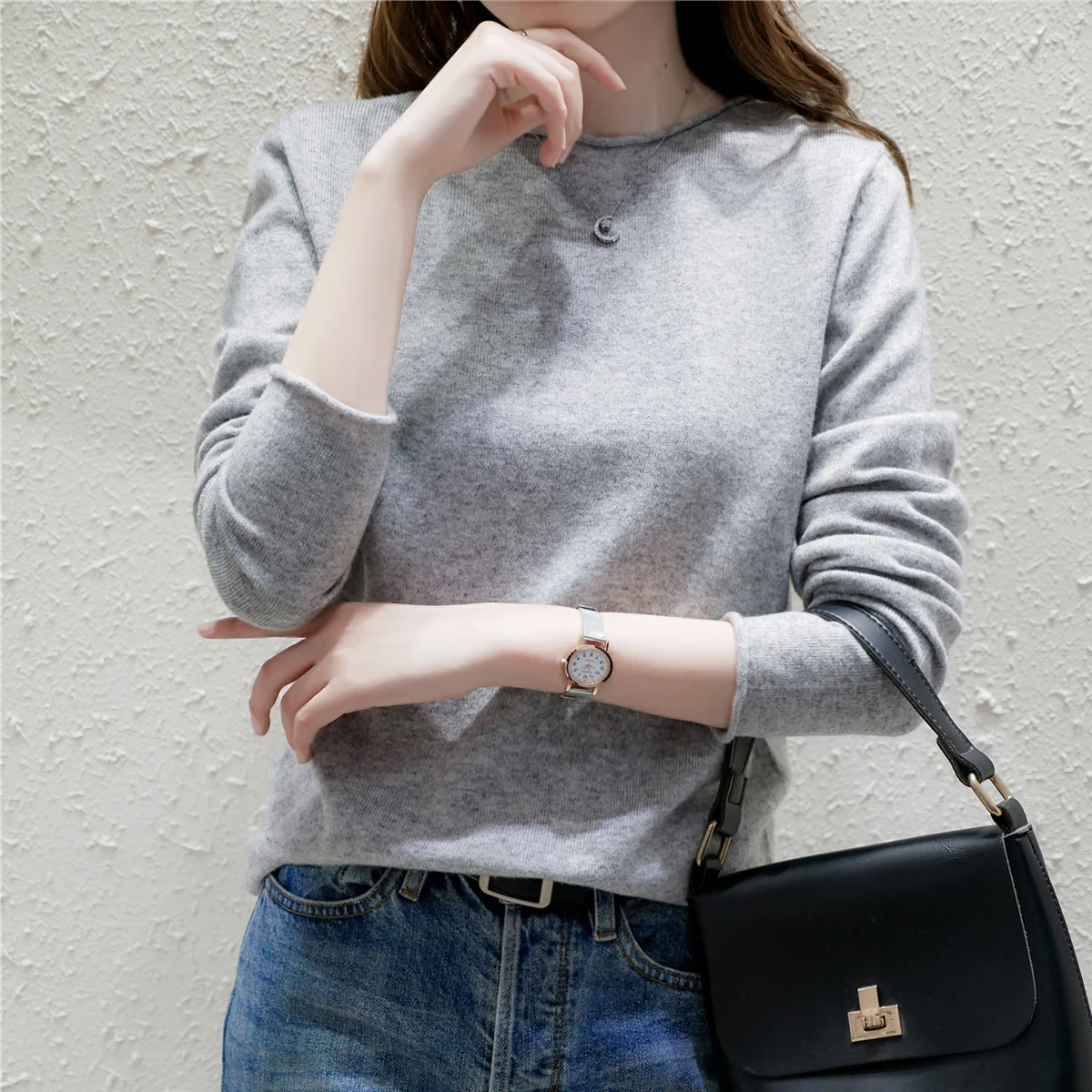 Женский шерстяной свитер тонкий Однотонный пуловер с круглым вырезом