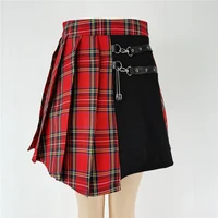 gothic punk skirts women red plaid pleated skirt high waist patchwork mini skirt fashion streetwear buckle female goth skirt