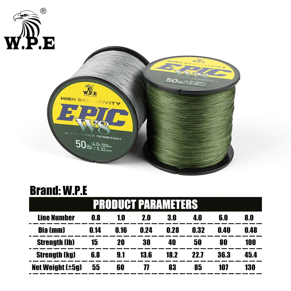 W. P.e плетеная рыболовная леска 500 м 15 20 30 40 50 80 100 фунтов 8 нитей мультифиламент для