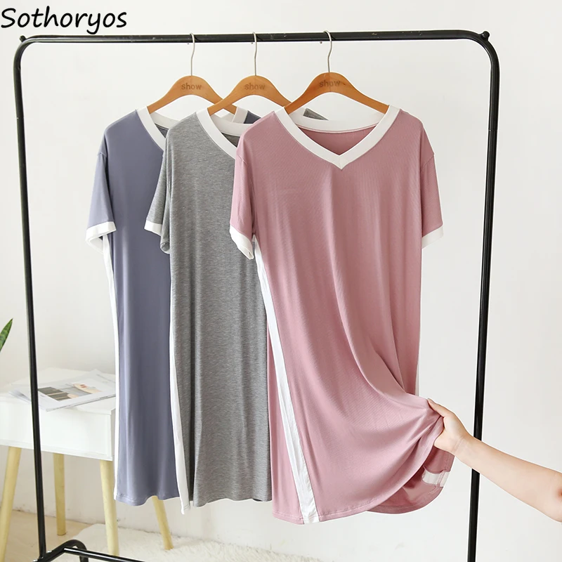 

Nightgowns Women Summer Short Sleeve Casual V-neck Simple Loose Cozy Knee-length Sleepwear Modal Fashion Skin-friendly Patchwork