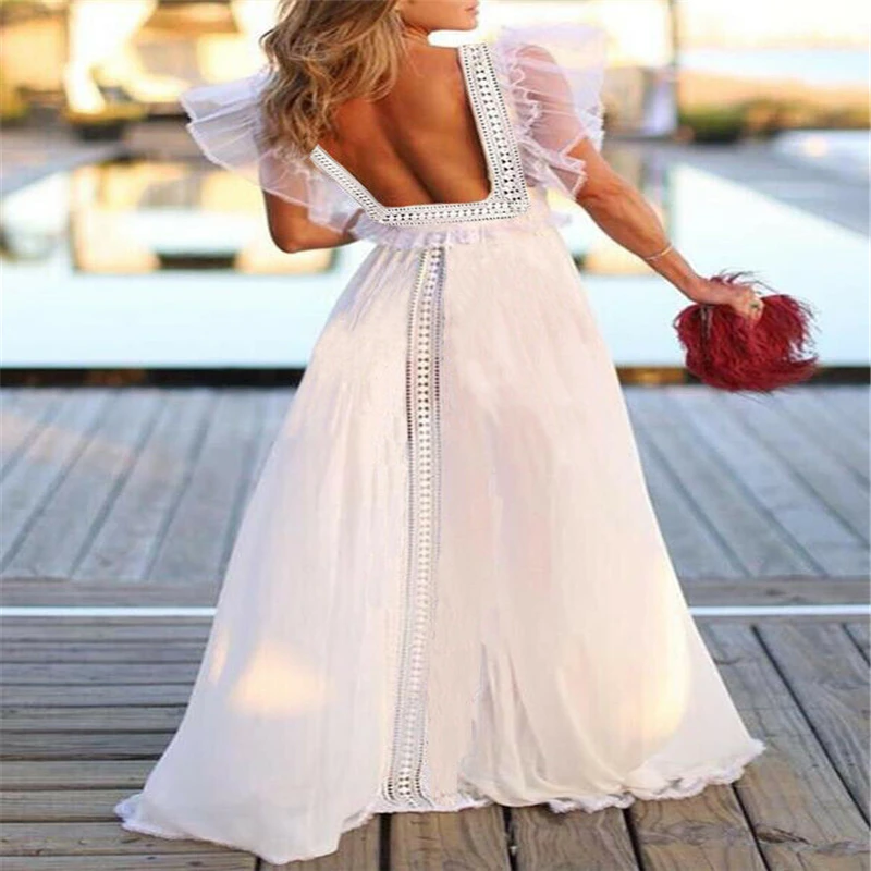 

2019 New Womens Boho Lace Patchwork Backless V-Neck Long Maxi Dress Summer Beach Short Sleeve High Waist Sundress