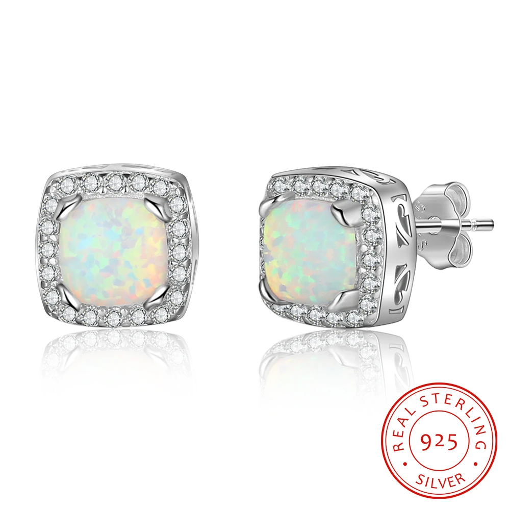 

925 Sterling Silver Stud Earrings for Women Square White Opal Earrings with Clear CZ Female Wedding Jewelry Valentine's Day Gift