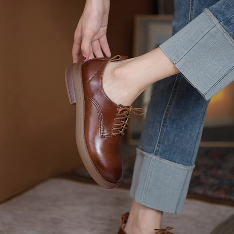 

Женские туфли из коровьей кожи, с круглым носком, на толстом каблуке