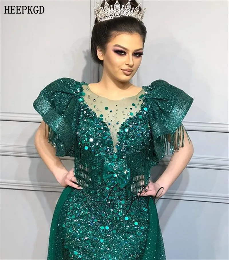 

Luxury Dubai Evening Dress Green Mermaid Cap Sleeves Detachable Train Glitter Sequin Tassel Long Special Occasion Dresses Women