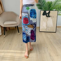 skirt for women plus size 45 75kg 2021 summer casual loose stretch miyake pleated high waist printed skirt mid calf length