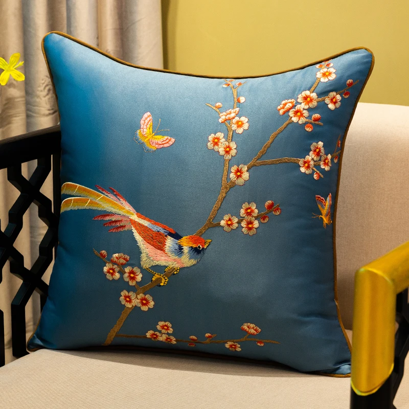 DUNXDECO Cushion Cover Decorative Pillow Case Modern Chinese Orioles Butterfly Flora Luxury Embroidery Coussin Sofa Decorating