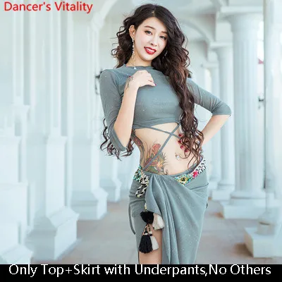 Top Skirt as Photo Костюм для танца живота, тренировочная одежда для женщин и взрослых, элегантный сексуальный сверкающий Топ, длинная юбка, комплект для индийских танцев в восточном стиле - Цвет: Top Skirt as Photo