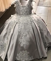 luxurious grey flower girl dresses lace beaded satin little princess dresses first communion gown pageant dresses lace up back