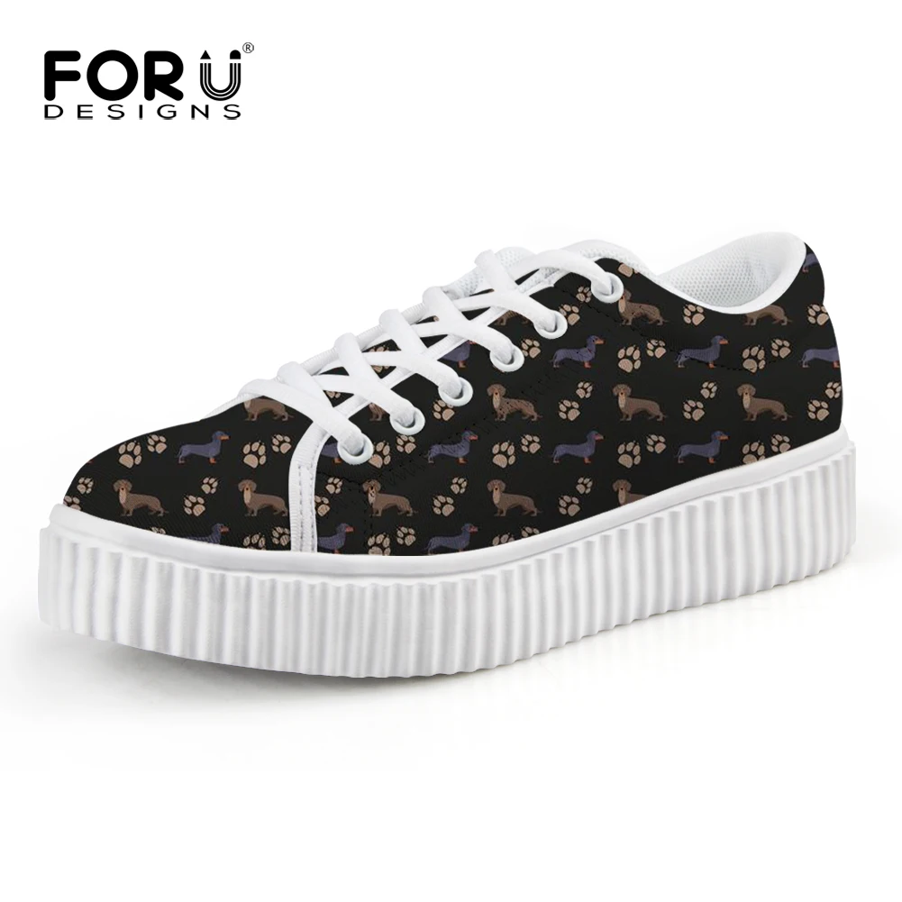 INSTANTARTS Cartoon Dachshund and Dog Paw Pattern Height Increasing Shoes Women's Round Toe Leisure Black Shoes Tenis Feminino