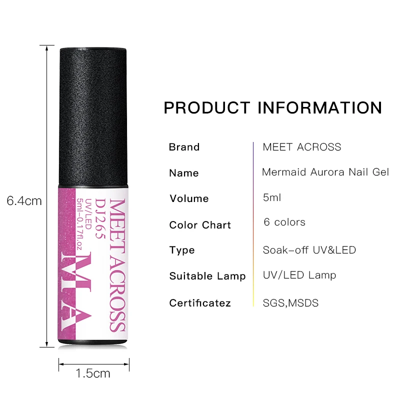 

MEET ACROSS 5ml Gel Nail Polish 5ml Mermaid Color Nail Gel Varnish Manicure Shimmer Glitter Lacquer Base Top Coat