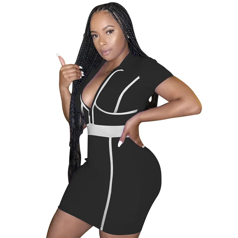 

New sexy solid stripe nightclub dress summer fashion deep V-neck sleeveless women's top short skirt