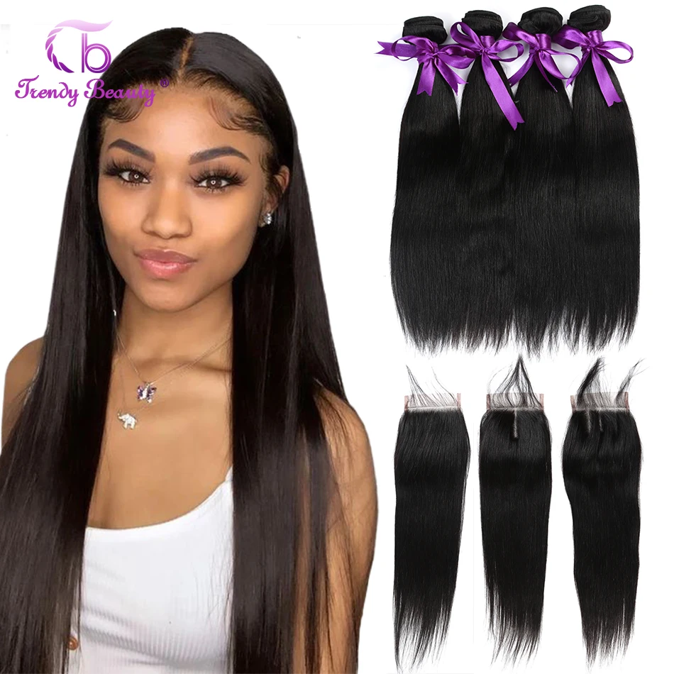 Indian Straight Hair 4 Bundles With Lace Closure 5x5 Can Be Dyed 28 Inches Human Hair Bundles Free Shipping Trendy Beauty