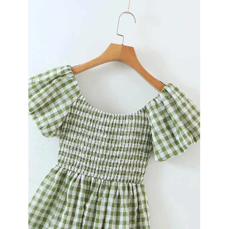 

YENKYE Summer Women Vintage Plaid Dress Female Sexy Square Neck Puff Sleeve Cotton Holiday Party Dress Ladies Short Vestido
