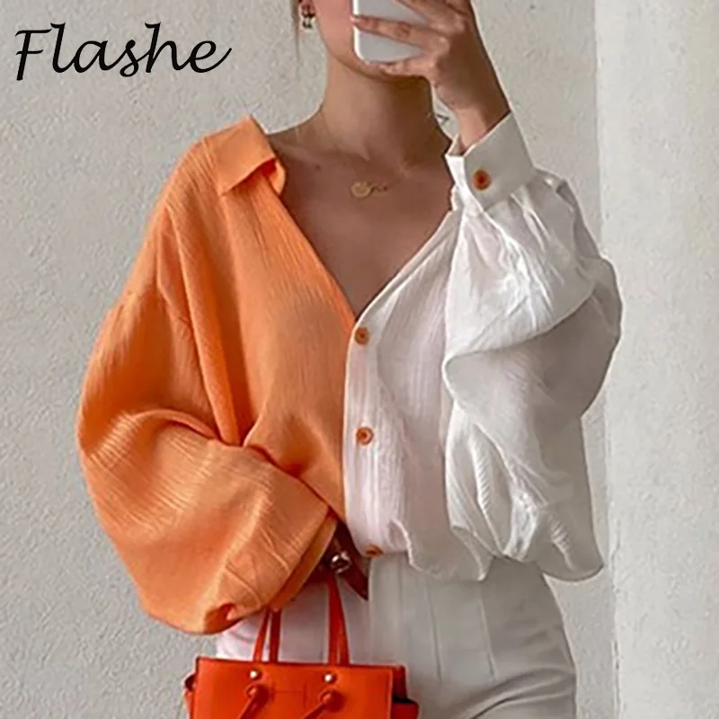 

Stitching Printed Casual Shirt Women Blouse Long Sleeve Turn Down Collar Loose Shirt Office Work Fashion 2021 Autumn Tops