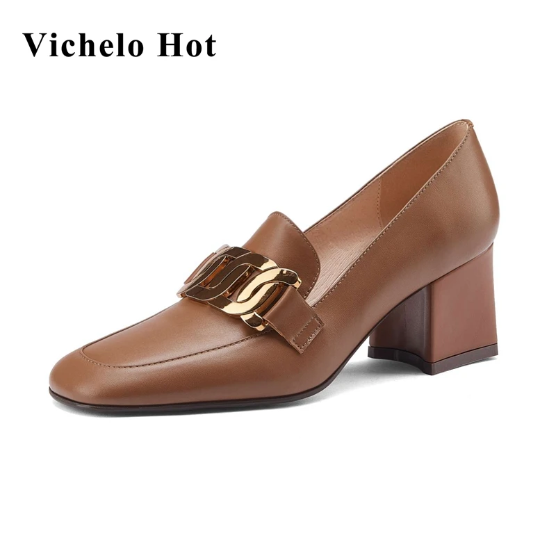 

Vichelo Hot British style genuine leather round toe high heels metal decoration young lady streetwear fashion women pumps L58