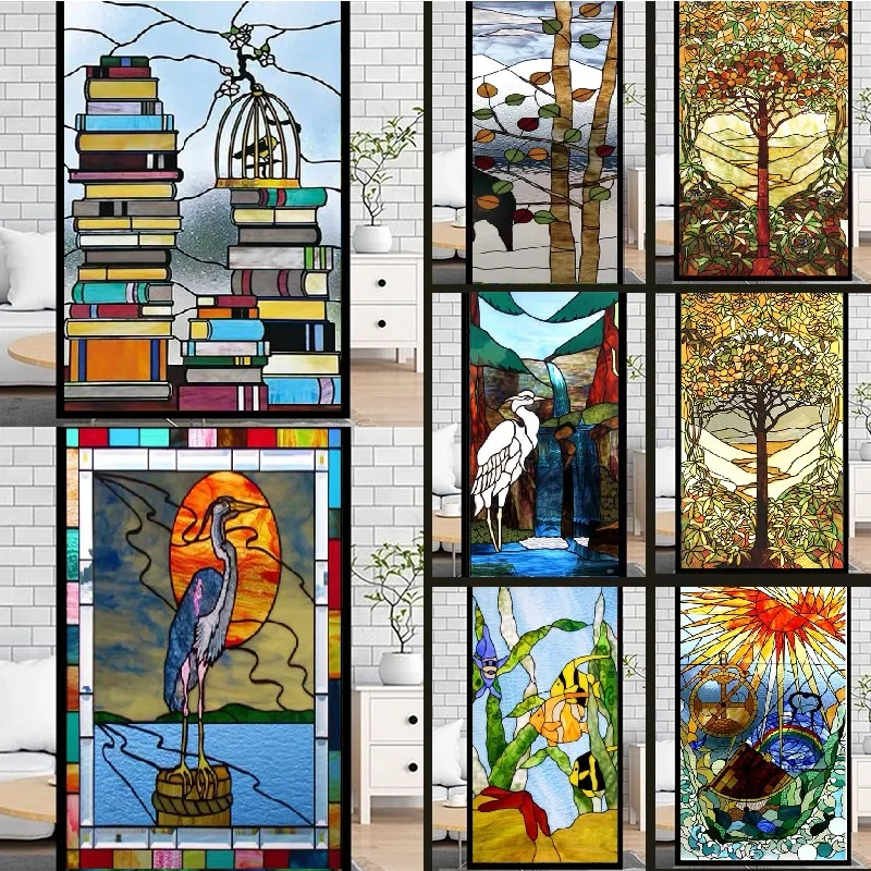 

Frosted Privacy Window Film Stained Glass Film Retro European Church Style Colorful Window Stickers Shower Bathroom Glass Film