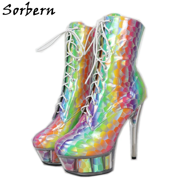 

Sorbern Fashion Holo Rainbow Boots 15Cm High Heel Women Platform Exotic Pole Dance Booties 6 Inch 8 Inch Heels Multi Colors