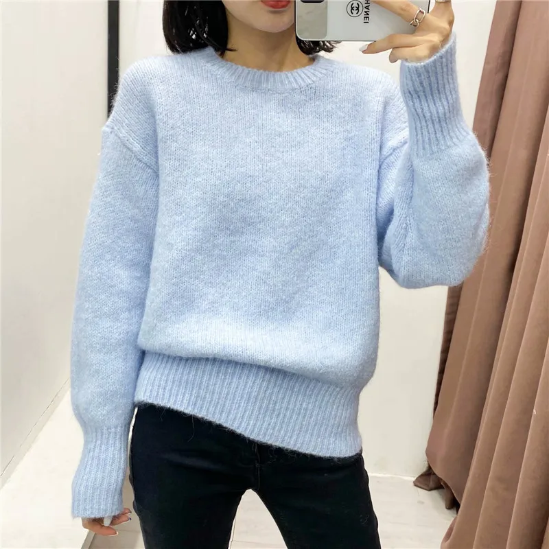 

2021 sky blue ribbed knitted sweater women O-neck long-sleeved casual winter sweater top women fashion streetwear pullover