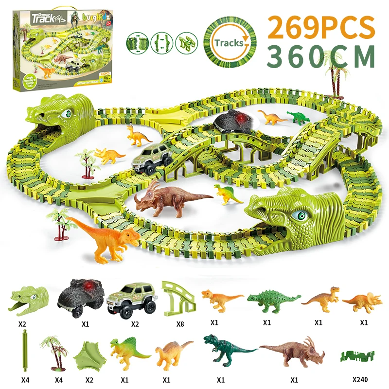 Coche de carreras de dinosaurios para ni&ntilde;os, juguete de v&iacute;as de v&iacute;a f&eacute;rrea, Flexible, pista m&aacute;gica, Montessori, 269 Uds.-1