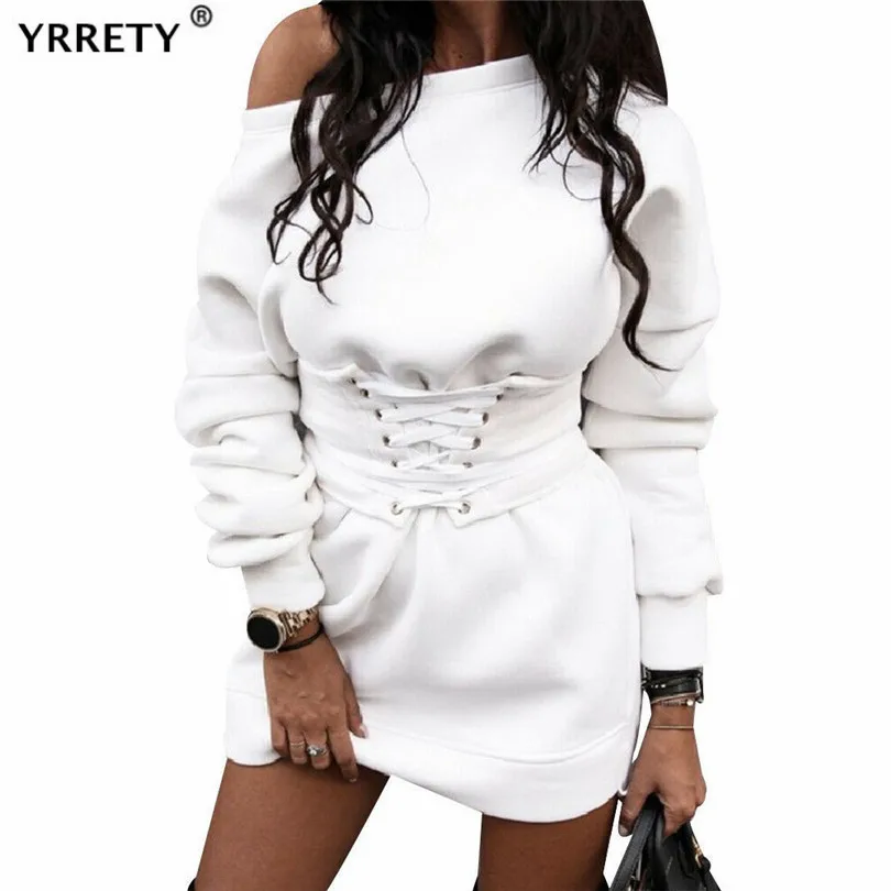 

YRRETY, сексуальное женское мини-платье, Осень-зима, модное Повседневное платье с круглым вырезом и высокой талией, с длинным рукавом, на шнуров...