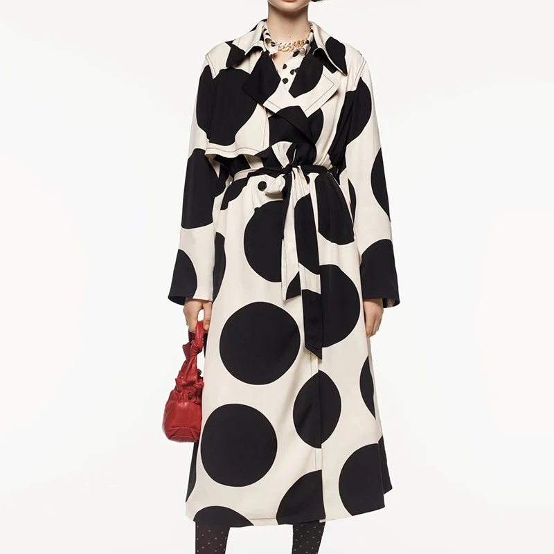 

WXWT Za Women Fashion Wave Point Trench Coat Long Sleeve Loose Female Long Coat With Belt Casual Wide Waisted Trench BB1937