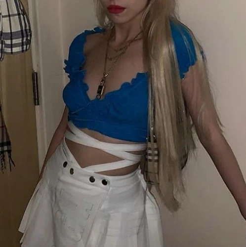 Женская футболка с перекрестными ремешками синие топы оборками и принтом