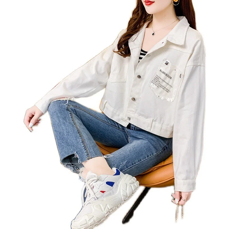 

Embroidered Letter Printing Cropped Denim Crop Jacket Women 2021 Autumn Korean Red Cotton Casual Button Cardigan Overalls Coats