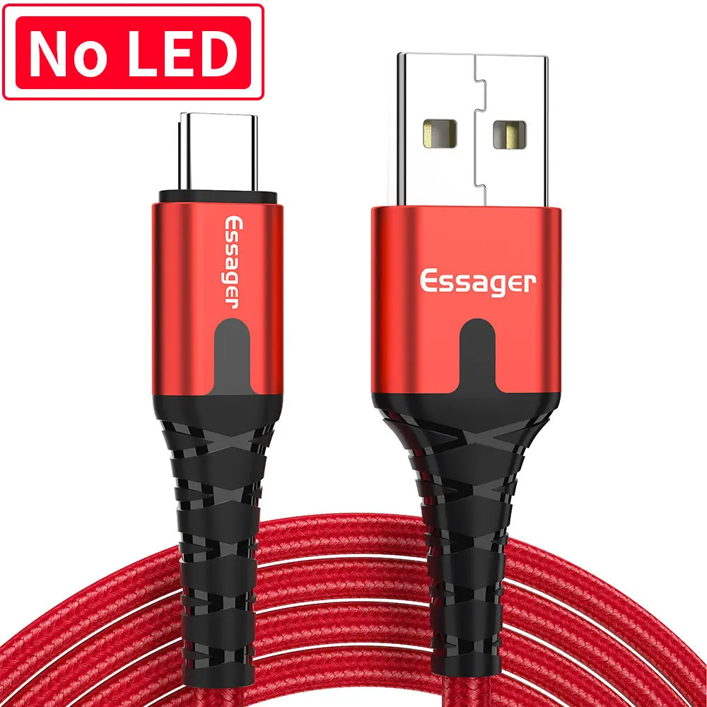 No LED Red Essager 3A usb type C светодиодный кабель для samsung S9 S8 One plus 6t Xiaomi huawei, кабель для быстрой зарядки, USB C type-c, шнур для зарядки и передачи данных - Цвет: No LED Red