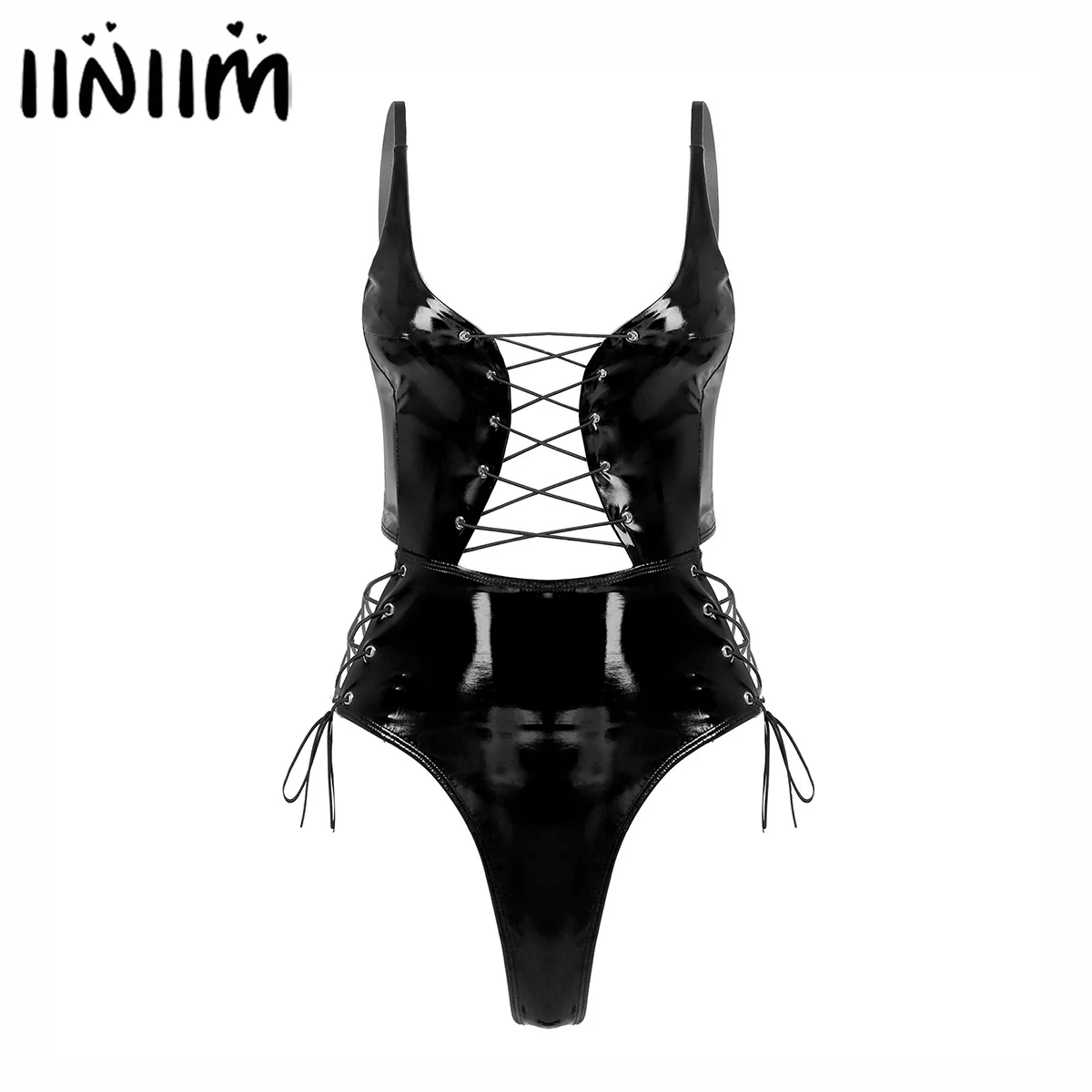 Женские тела боди из латекса для спагетти ремень Лакированная кожа костюмы