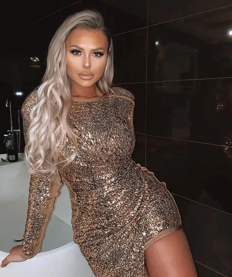 Женское платье с длинным рукавом золотистое вечернее блестками шикарное