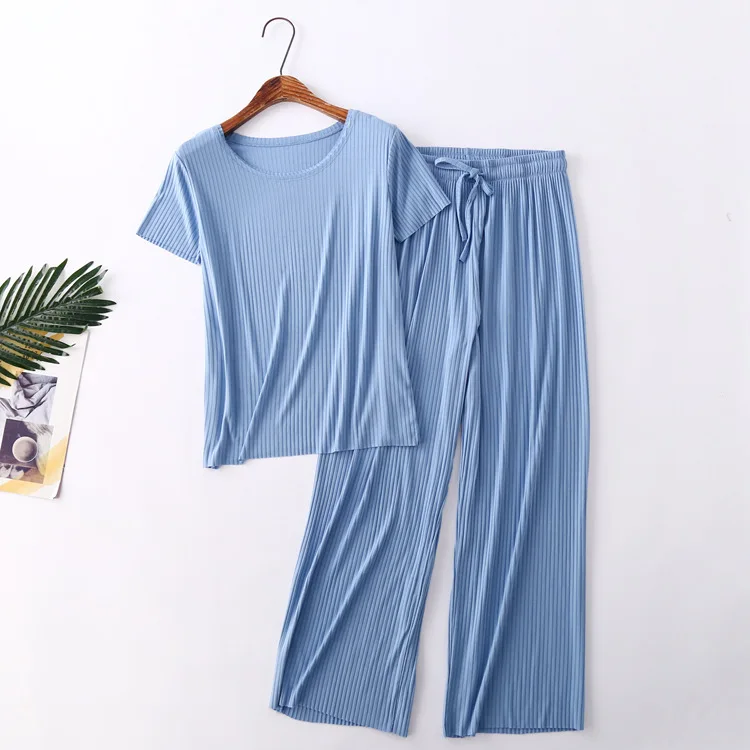 2021 Summer Thread Cotton Short Sleeve Trousers Home Suit Pajamas Women's Wide Size Nightgown 2Pcs Set Nightwear Sexy Sleepwear
