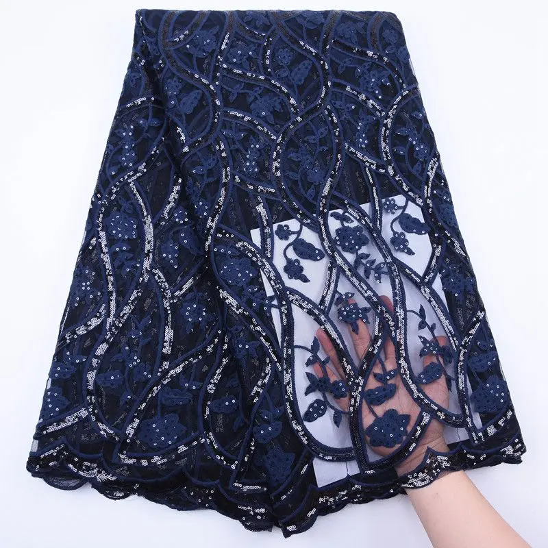 Темно синий Африканский французский Тюль кружевная ткань с блестками молочный