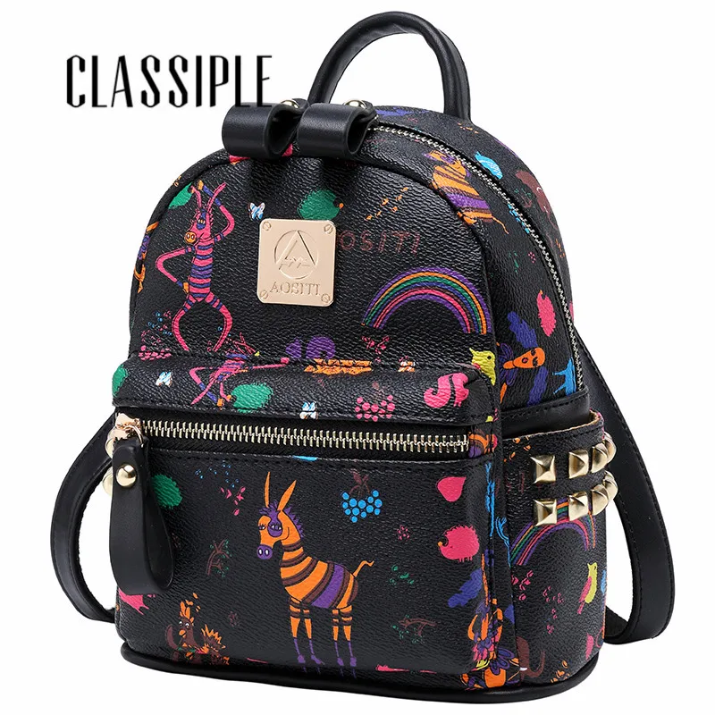 Женский черный кожаный рюкзак женские рюкзаки с заклепками принтом для девочек