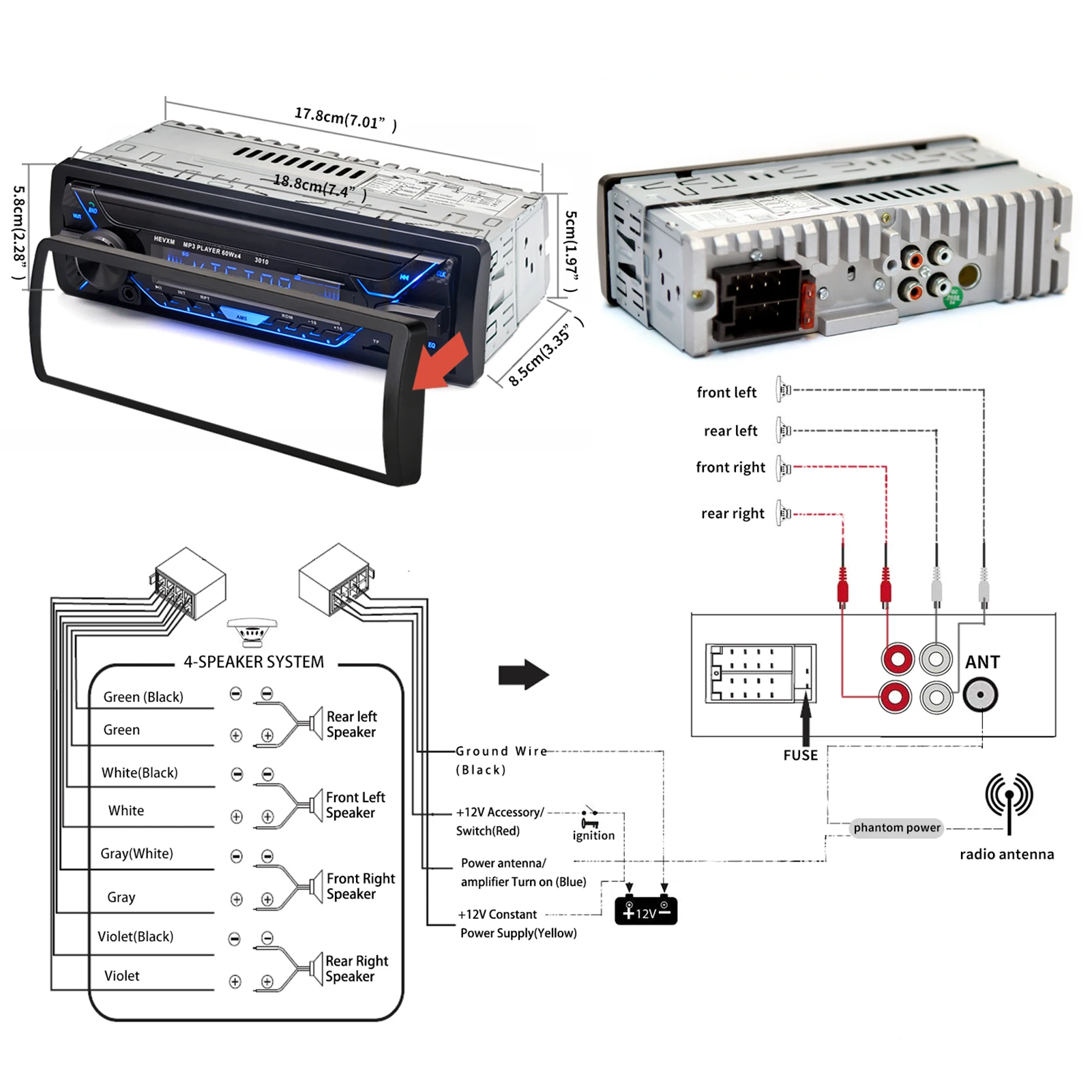 Автомагнитола 7 цветов цифровой HD ЖК-дисплей автомобильный BT стерео MP3-плеер с USB